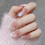 Popxstar  French Fake Nails Stick-on Long Ballet Pink False Nails with Rhinestone Designs Full Cover Acrylic Press on Nails for Women Girl