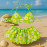Summer Daisy Floral Print Bikini & Straw Sun Hat Set For 23 Inch Porch Goose Statue Beach Outdoor Yard Decoration