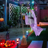 Halloween Animated Hovering Witch Animatronics Purple 6 FT Garden Props Flying Witch With Lights Hovering Witch Decorations