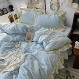 Popxstar Pink Korean Princess Style Lace Ruffles Bedding Set Skin-friendly Seersucker Duvet Cover Set Fitted Sheet/Bed Sheet Pillowcases
