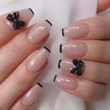 Popxstar 24Pcs Mid-length French Full Cover False Nails Black Bow Design Press on Nails Wearable Simple Ballet Manicure Fake Nail Tips