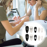 Popxstar  White Almond Press On Nails 24Pcs Black Wearable Full Cover Fake Nails Silver Star Bowknot Printed Y2K Girls Charm False Nails