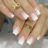Popxstar 24Pcs Short Ballet False Nails with Bow Design White French Press on Nails Wearable Square Head Full Cover Fake Nail Manicure
