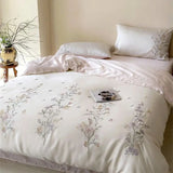 Popxstar  Flowers Embroidery Luxury Bedding Set 600TC Lyocell Bamboo Fiber Soft Silky Duvet Cover Flat/Fitted Bed Sheet Pillowcases 4Pcs