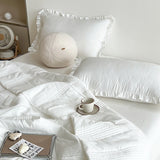 Popxstar INS Style White Pink Quilted Ruffles Quilt Blanket Bedspread Washed Solid Color Korean Princess Style Summer Thin Quilt 1/3Pc