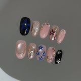 10pcs Short Almond False Nails Blue Gradient Fake Nails Hand Painted Flowers Pearl Stick on Nails Shiny Cat Eye  Press on Nail