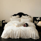 Popxstar  4Pcs French Princess Style Carved Velvet Warm Winter Bedding Set Large Lace Ruffle Duvet Cover Flat/Fitted Bed Sheet Pillowcases