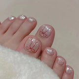Popxstar  24pcs French False Toenails Nude Color with Glitter Rhinestone Press on Toe Nails Full Cover Wearable Artificial Stick-on Nails