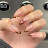 Popxstar  3D Bowknot Pearl Wearable Nail Art Fashion Leopard French Nude Almond Fake Nails Detachable Finished False Nails Press on Nails