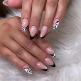 Popxstar  Y2K Girls Fake Nails Black French Tip Almond Press on Nails Pink Bowknot Design Korean Charm False Nail Women DIY Manicure 24Pcs