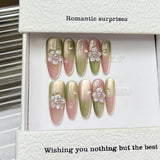 Popxstar  Gradient Pink/Green Fake Nails 10Pcs Handmade Press On Nails 3D Flower Designs Long Almond False Nails Patches for Manicure