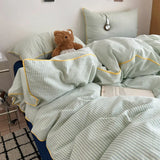 Cotton Double Gauze Bedding Sets Striped Grinkled Muslin Duvet Cover Bed Flat Sheet Pillowcases Bed Linens Students Bedroom