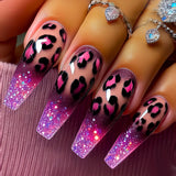Popxstar 24pcs Leopard Print Press on Nails Tips Purple Long Ballet Fake Nails Aurora Colorful Full Cover Fake Nail Sets Coffin Manicure