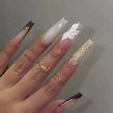 Popxstar 24pcs Black French False Nail Press on Long Square Bow Design Stripe Y2k Glitter Fake Nails Star Rhinestones Wearable Manicure