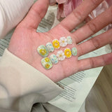 10pcs Summer Sunflower Stick on Nails White 3D Flowers Fake Nails Colorful Sweet Cute False Nails Short Square Press on Nail Tip