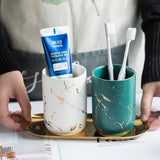 Popxstar Creative Marbled Gold Plated Mouthwash Cup Couple Toothbrush Holder Bathroom Accessories Ceramic Mouthwash Cup Home Decoration Valentines Day Gift