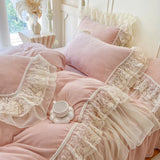 Popxstar  Romantic Lace Ruffles Handmade Beads Velvet Winter Warm Thickened Princess Bedding Set Duvet Cover Bed Skirt Pillowcases 4Pcs