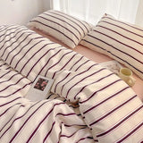 Popxstar  Simple Style Red And Blue Strip Duvet Cover Set Bed Sheet Set Washed Cotton Bedding Set
