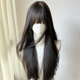 Popxstar Black Wig with Bangs Long Straight Hair Sideburns Japanese Jk Black Lolita Simulation Hair Headband Wigs