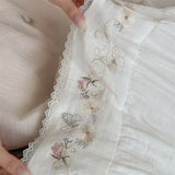 Flowers Embroidery Pleated Ruffles Bedding Set Double Layer Crepe Yarn 100% Cotton Duvet Cover Flat/Fitted Sheet Pillowcase 4Pcs