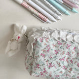 Popxstar Korean Lace Floral Pencil Case Portable Fabric Ruffle Stationery Organizer  Aesthetic Study Pen Bag for Students Back To School