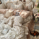 Popxstar  New Korean Princess Style Floral Ruffles Bedding Set Skin-friendly Soft Duvet Cover Set Bed Sheet Or Bed Skirt Pillowcases