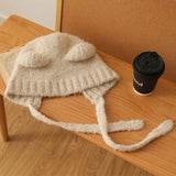 Popxstar Cute Girl Knit Ear Protection Hat Bear Women Earmuffs Cap Woolen Crochet Bonnet Solid Color Hood Beanies Winter Warm Headgear