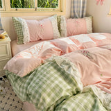 Popxstar  Korean Princess Style Double Layer Lace Flower Embroidery 100% Cotton Bedding Set Plaid Style Duvet Covers Bed Sheet Pillowcases