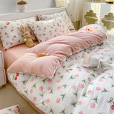 Popxstar Korean Retro Floral Bedding Set 100% Washed Cotton Bed Sheets Set Soft Duvet Cover Bed Linen Pillowcase Single Double Queen King