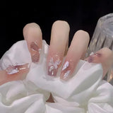 Popxstar 24Pcs Three-dimensional Love Heart False Nails with French Design Long Coffin Wearable Fake Nails Rhinestone Press on Nails Tips