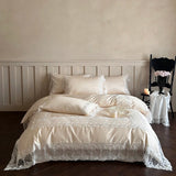 Popxstar  Romantic White Flowers Lace Princess Wedding Bedding Set 100S Egyptian Cotton Duvet Cover Flat/Fitted Bed Sheet Pillowcases 4Pcs