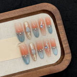 Popxstar  10pcs Blue Diamond Handmade Fake Nails Tips Ocean French Long Oval False Nail Art Fashion Cat's Eye Press on Nails Sets Finished