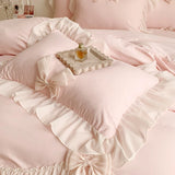Popxstar Korean Style Princess Lace Bow Bedding Set Pink Sweet Girl Chiffon Ruffles Duvet Cover Bed Sheet Pillowcase Wedding Home Textile