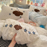 3/4Pcs Bedding Set Polka Dot Cartoon Puppy Checkered Sheet Boiled Cotton Bed Linen Kawaii Cotton Duvet Cover Set Full Size