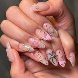 Popxstar 24pcs White French Fake Nails Almond 3D Pink Bow Flower Design Reusable Press on False Nails Butterfly Pearl Wearable Manicure