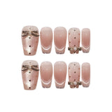 Popxstar  10Pcs Handmade Press On Nails Nude Pink Color Ballet Fake Nails Glossy Cat's Eyes Designs Full Cover False Nails Bowknot Decor