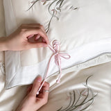 Popxstar  Chinese Style Orchid Embroidery Luxury Bedding Set 800TC Lyocell Silky Cooling Duvet Cover Flat/Fitted Bed Sheet Pillowcase 4Pcs