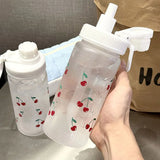 Kawaii Cherry Frosted Plastic Water Bottle With Straw Leak Proof Portable School Clear Juice Milk Tea Drinkware Water Cup 500ML