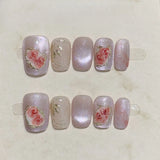 10pcs Rose Girl Press on Nails Sweet Pearl Bowknot False Nails Cat Eye Gold Foil Acrylic Fake Nails French Short Square Nail Art