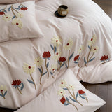 Popxstar  Flowers Towel Embroidery Bedding Set 100% Cotton Brushed Single Queen King Size Duvet Cover Flat/Fitted Sheet Pillowcases 3/4Pc