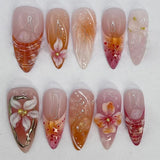 Popxstar 24pcs Short Almond Wearable False Nail Tips Lines Bow Rhinestones Design Fake Nail Art Cute Pink Love Pearl Press on Nails Set