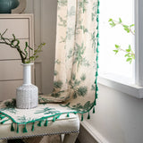 Popxstar Boho Curtains with Tassel Green Semi-Blackout Cotton Linen Farmhouse Curtain Floral Curtain for Living Room Bedroom, 1 Panel