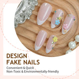 Popxstar  24Pcs White French Tips Fake Nails Nude Pink Almond Press On Nails Charms 3D Flower Designs Sweet Girls Full Cover False Nails