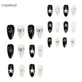 Popxstar  Y2K Fake Nails Black Almond Press on Nails Silver Love Heart Five-pointed Star Bowknot Designs Wearable Manicure for Woman 24Pcs
