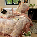 Popxstar  Nordic Bedding Sets 100% Cotton Floral Flat Bed Sheet Set 2 Pillowcases Skin-Friendly Queen King Double Size Bed Linen Set