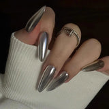 Popxstar  10PCS Metal Handmade Press on Nails Acrylic Magic Full Cover Fake Nails Reusable Adhesive Silver Artificial Cool Manicure Art