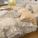 Popxstar  4Pcs Vintage French Fresh Floral Lace Ruffles 100% Cotton Bedding Set Duvet Cover Bed Skirt/Bed Sheet/Fitted Sheet Pillowcases