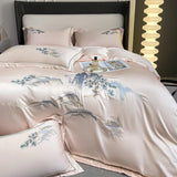 Popxstar  4Pcs New Chinese Style Landscape Embroidery Luxury Bedding Set Silky Duvet Cover Set Soft Quilt Cover Set Bed Sheet Pillowcases