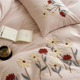 Popxstar  Flowers Towel Embroidery Bedding Set 100% Cotton Brushed Single Queen King Size Duvet Cover Flat/Fitted Sheet Pillowcases 3/4Pc