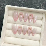 Popxstar  10Pcs French Almond Handmade Press on Nails Fake Nails with Cherry Pattern Wearable Stick-on Nails False Nail